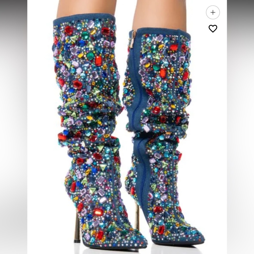 AZALEA WANG EMBER RHINESTONE DENIM STILETTO BOOT IN MULTI